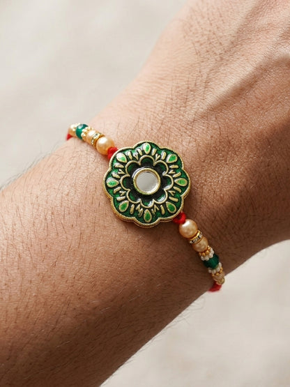 Set of 2 Bhaiya Bhabhi Rakhi Set with Floral Pendant, Green & Golden Beads,Tassel Lumba,Roli Chawal (130-JPCR1-1853-G-2-2026)