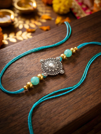 Set of 2 Oxidised Silver Mandala Rakhi for Brother with Pastel Beads, Roli Chawal & Card (84-JPR1-1962-S-2-2026)