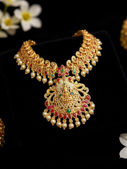 Traditional Temple Jewellery Goddess Lakshmi Design Necklace with Earrings