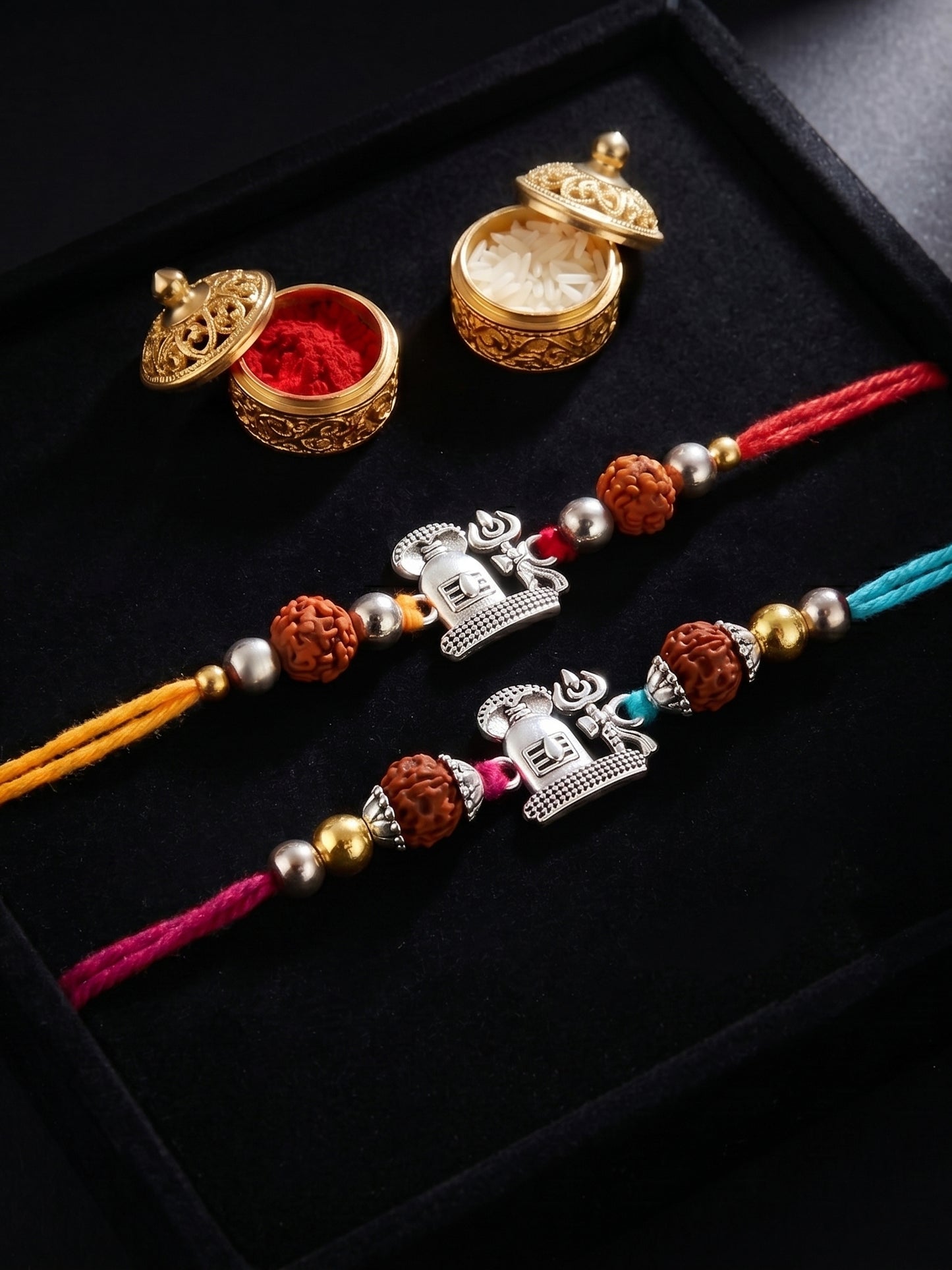 Set of 2 Silver Shivling Trishul Rakhi for Brother with Rudraksha, Roli & Chawal & Card (72-JPR1-1963-S-2-2026)