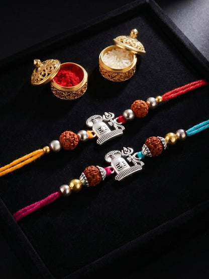 Set of 2 Silver Shivling Trishul Rakhi for Brother with Rudraksha, Roli & Chawal & Card (72-JPR1-1963-S-2-2026)