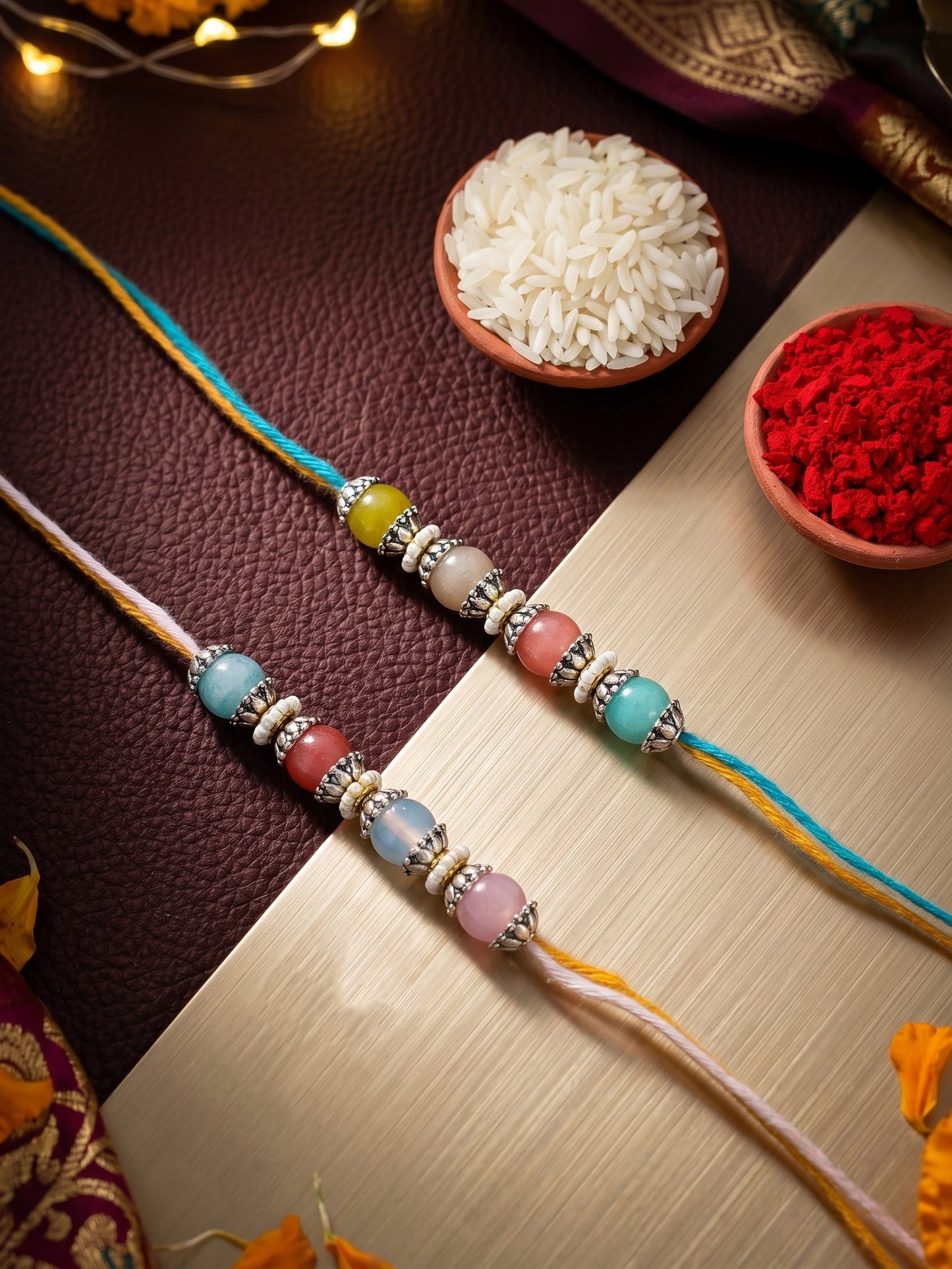 Set of 2 Multicolor Beaded Rakhi for Brother with Roli Chawal & Card (96-JPR1-1993-MT-S-2-2026)