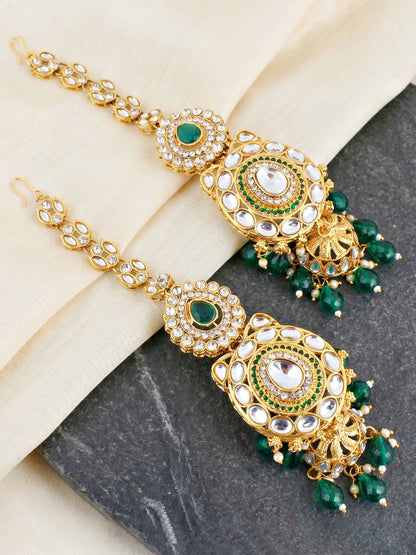 Bridal AD Green Stone Heavy Choker Jewellery Set with Sheesh Patti, Nath & Jhumka (3300-M8ZK-1103-G)