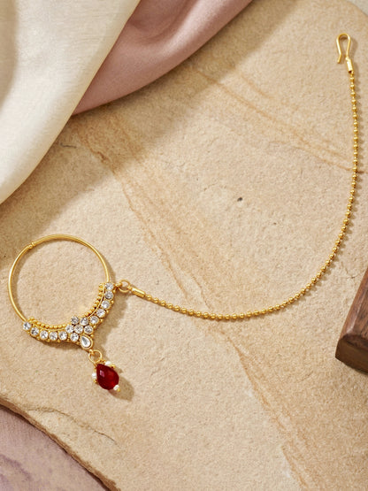 Bridal AD Maroon Stone Heavy Choker Jewellery Set with Sheesh Patti, Nath & Jhumka (3300-M8ZK-1106-M)