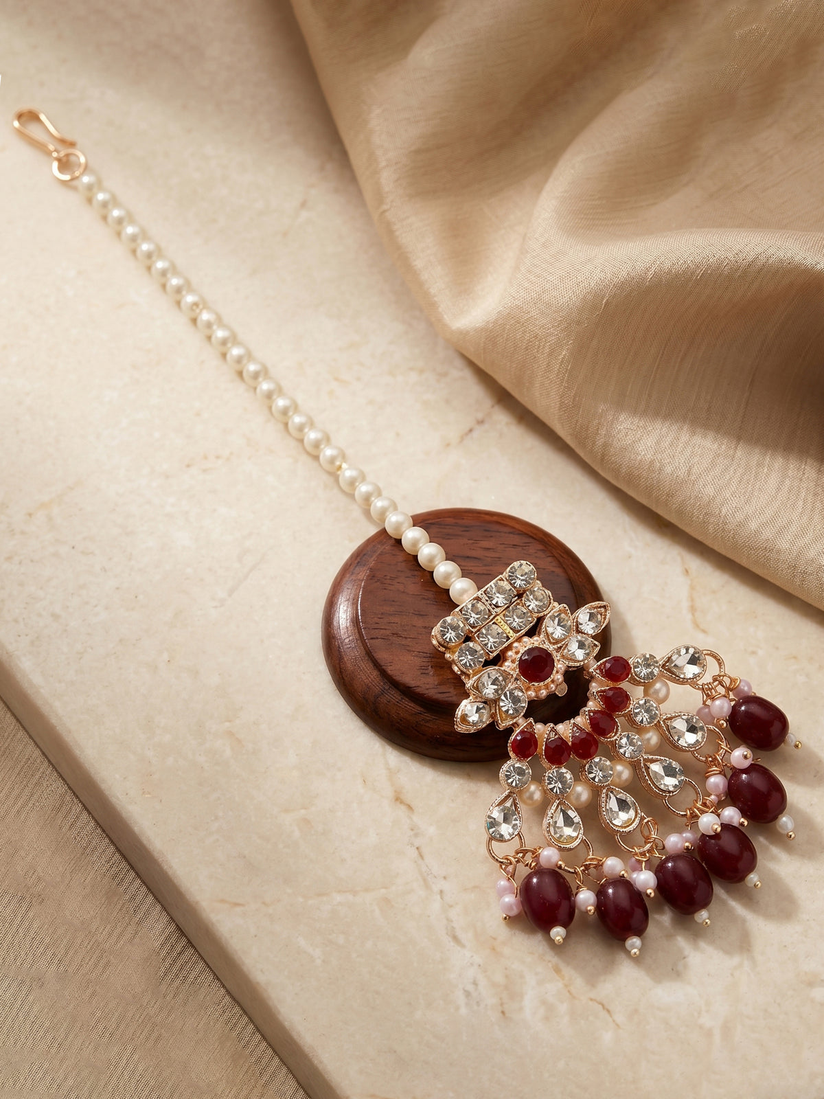 Rose Gold Plated AD Maroon Stone & Pearl Bridal Choker Jewellery Set with Maang Tikka (974-B5SP-007-M)