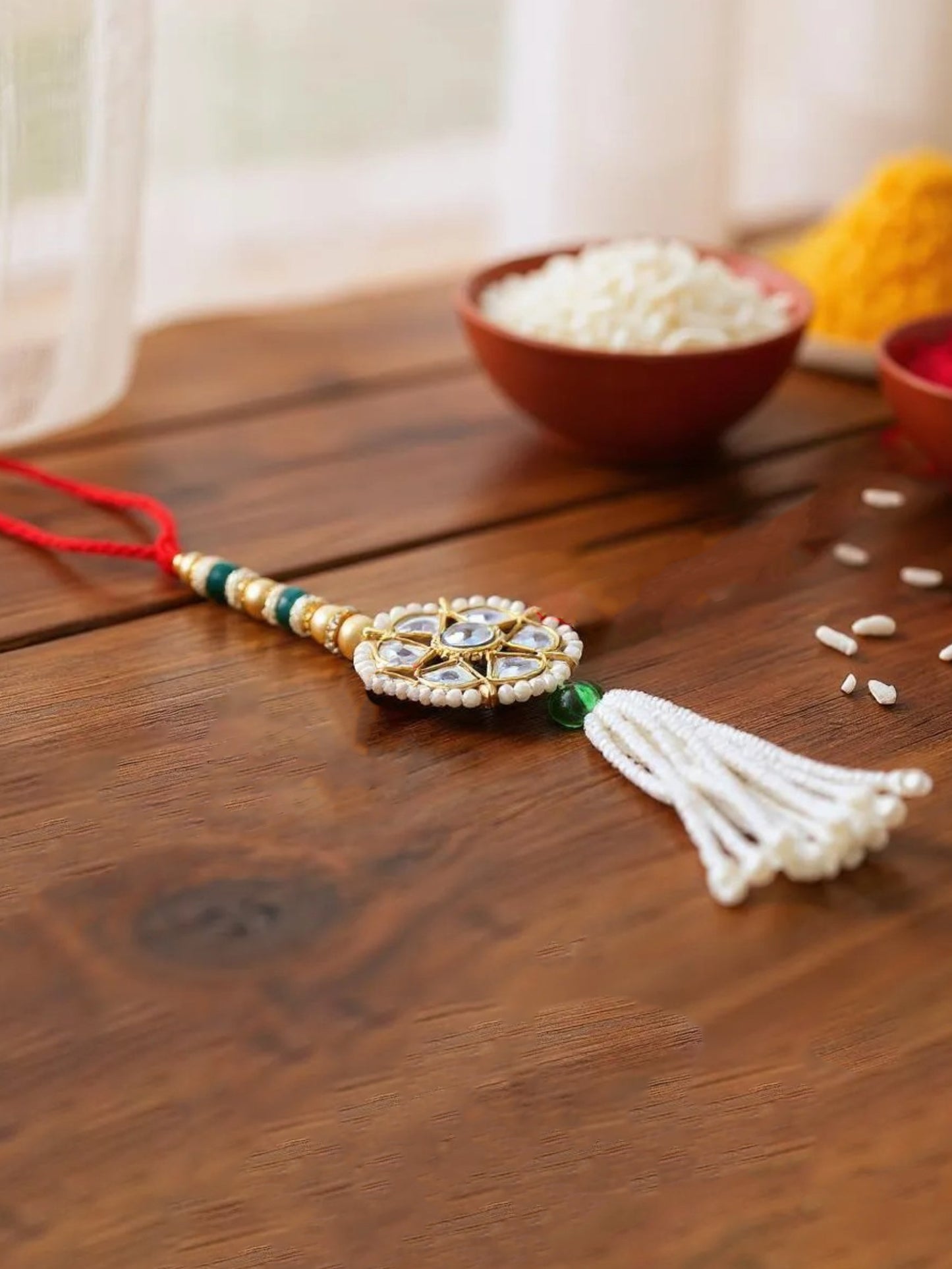 Lucky Jewellery Designer Kundan Floral Rakhi - Rakshabandhan Pearl Rakhee with Lumba Bracelet for Brother/Bhaiya/Bhai/Bhabhi - Pack of 2 (118-JPCR1-1850-2)