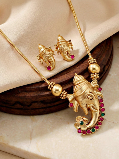Traditional Gold-Tone Lord Ganesha Necklace Set with Pink & Green Stone Detailing | Temple Style Ethnic Jewellery with Stud Earrings for Festive & Wedding Wear (590-ISR-2181-RG)