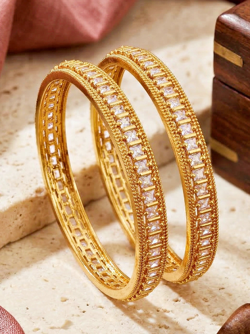 Gold-Plated Temple White AD Stone Bangle (891-C1BG-2211-2)