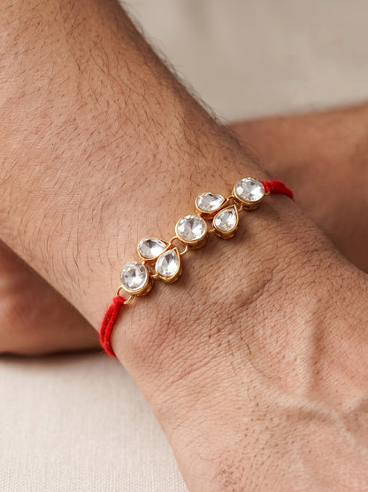 LUCKY JEWELLERY Traditional Rakhi for Brother/Bhaiya – Gold Plated Red Thread Rakshabandhan Rakhie White Stones for Bhai/Bhabhi (Pack of 2) – Fancy Rakhee Bracelet Rakshasutra (159-L1R1-07-W-2-2026)