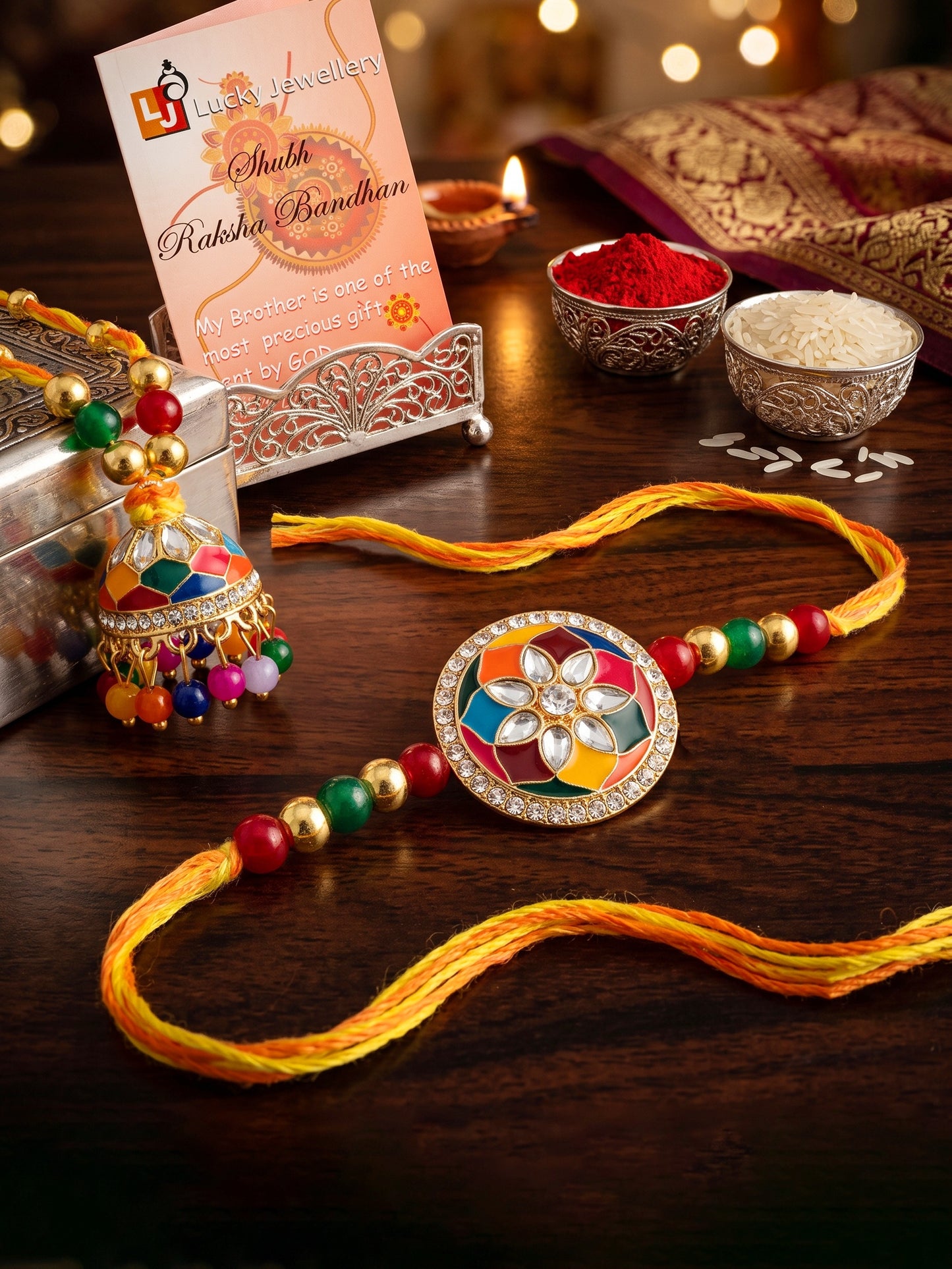 Set of 2 Multicolor Meenakari Bhaiya Bhabhi Rakhi Set With Lumba, Roli, Chawal & Card (325-CHCR1-1152-MT-2-2026)