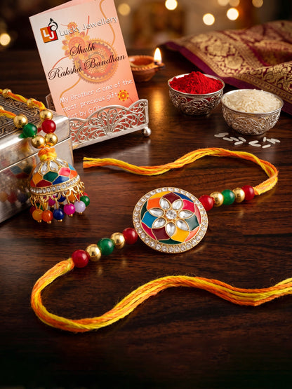 Set of 2 Multicolor Meenakari Bhaiya Bhabhi Rakhi Set With Lumba, Roli, Chawal & Card (325-CHCR1-1152-MT-2-2026)