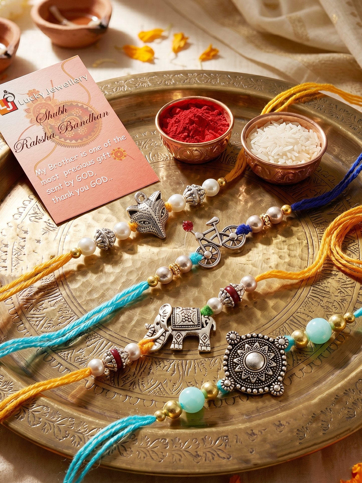 Set of 4 Animal & Cycle Rakhi for Kids with Multi & White Beads, Roli Chawal & Card (122-JPR1-1983-S-4-2026)