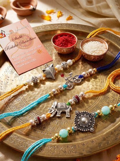 Set of 4 Animal & Cycle Rakhi for Kids with Multi & White Beads, Roli Chawal & Card (122-JPR1-1983-S-4-2026)