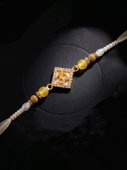 Designer Square Om Rakhi For Brother With Roli Chawal And Card | Gold-Tone Rhinestone Studded Rakhi (100-S7R1-IO3801)