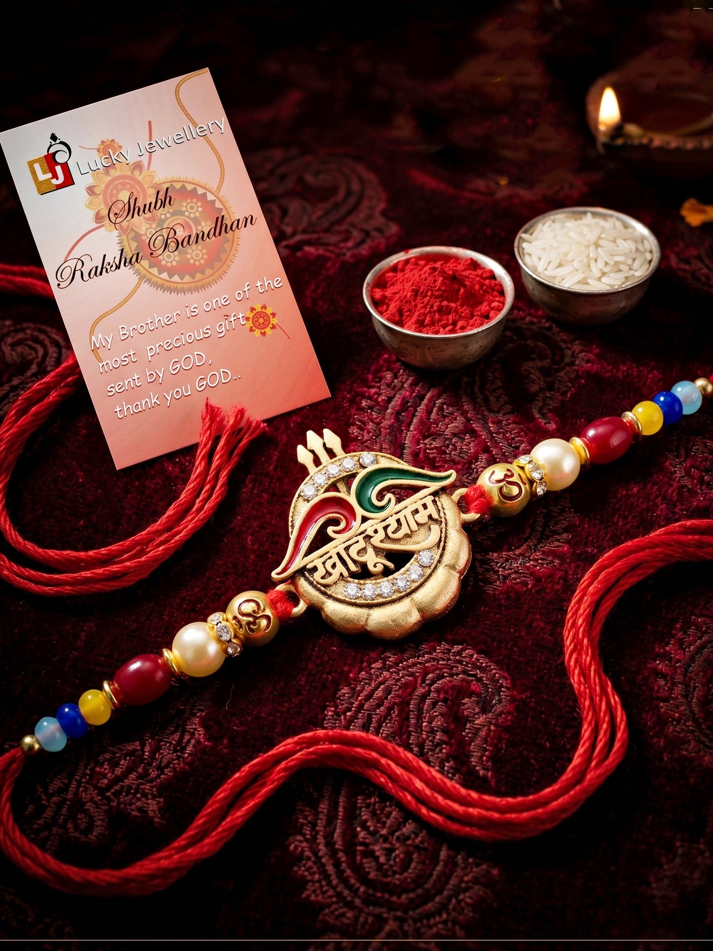 Divine Khatu Shyam & Trishul Om Beaded Rakhi Set For Brother with Roli Chawal & Card (72-S5R1-AR2970)