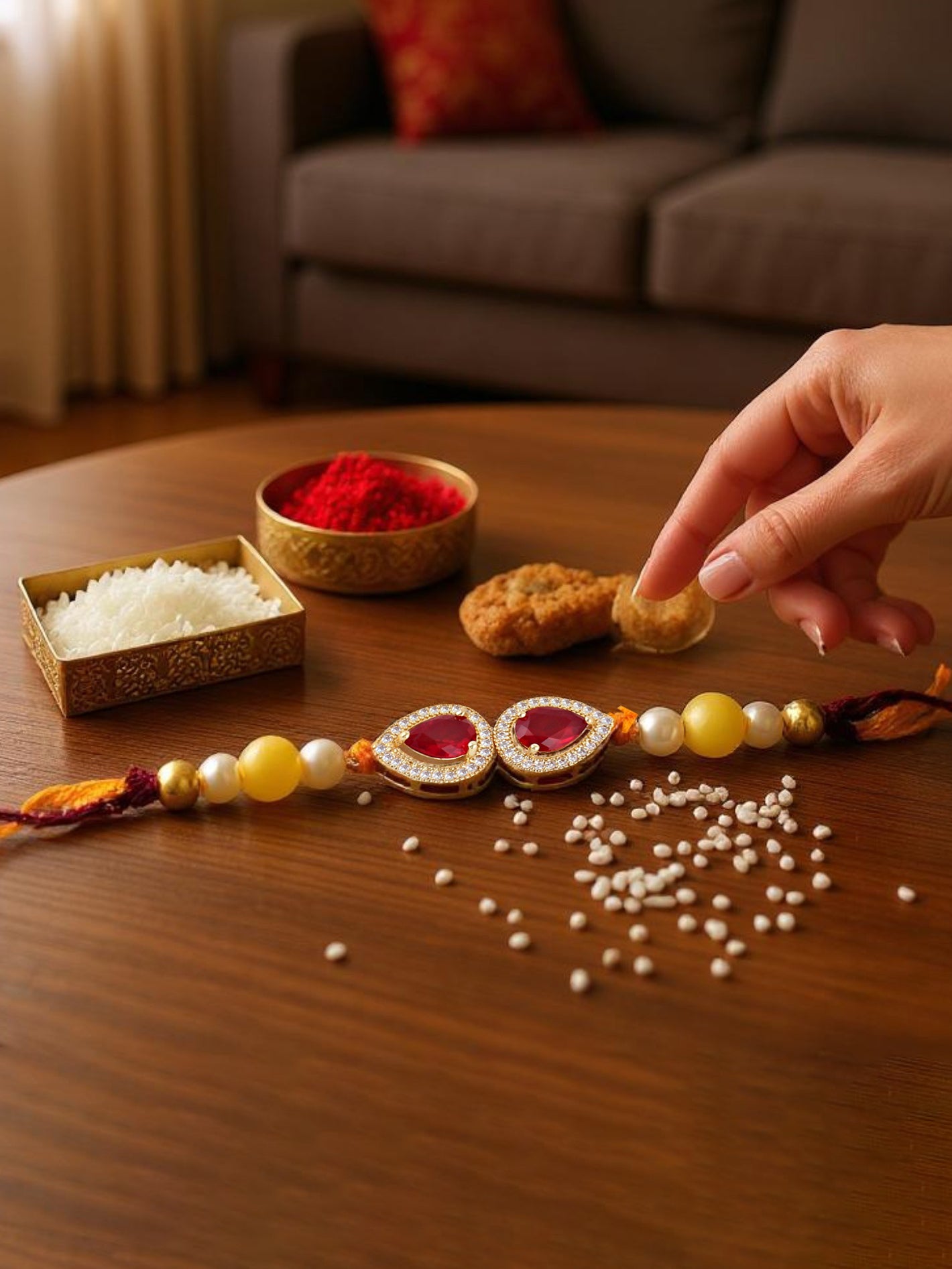 Lucky Jewellery Designer Maroon Color Stone Rakhi - Rakshabandhan Pearl Rakhee Bracelet for Brother/Bhaiya/Bhai/Bhabhi - Pack of 1 (176-CHR1-1279-M-1)