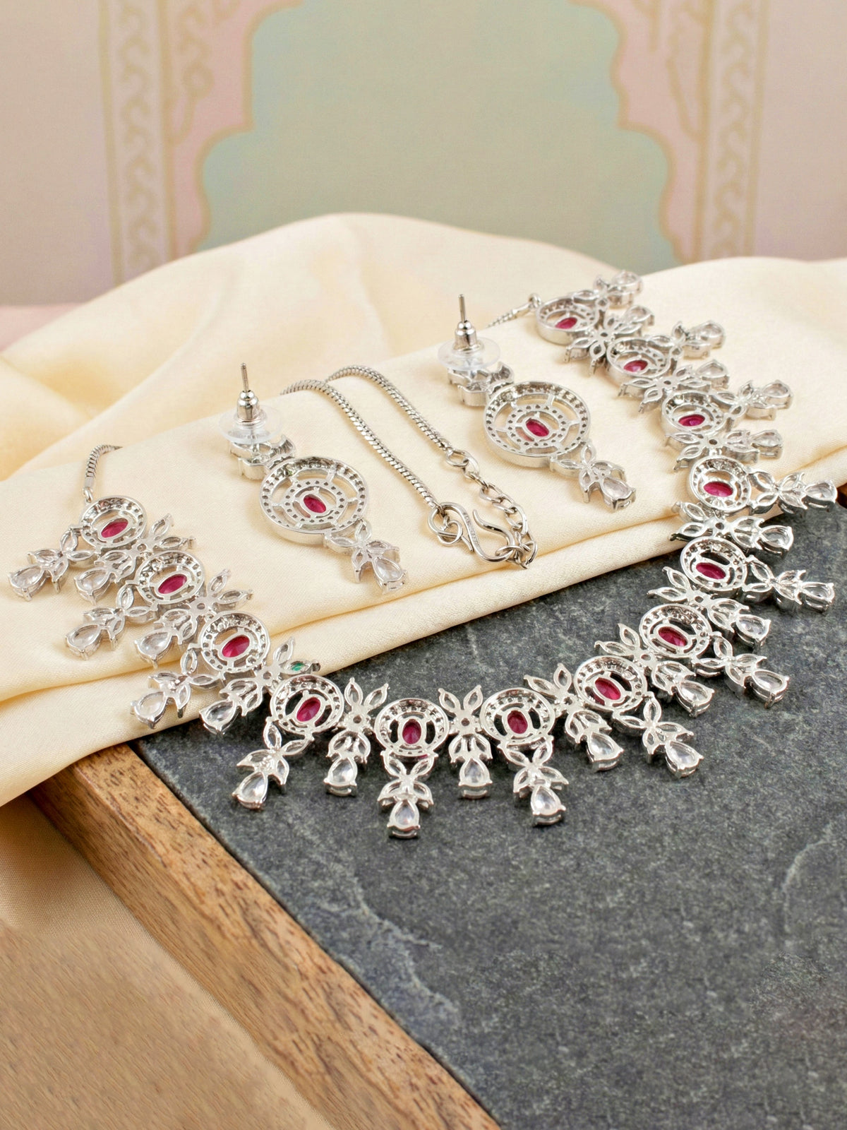 Silver-Tone Ruby Red Stone & American Diamond Necklace Set with Earrings for Women – Office, Party & Function Wear (1717-K4SA-2242-R-S)