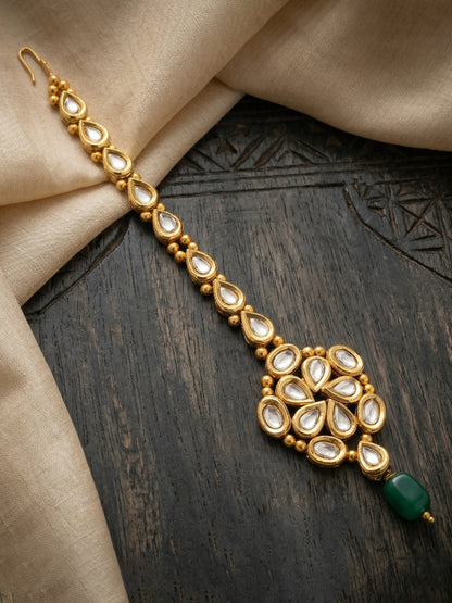 Handcrafted Kundan Green Beaded Choker Jewellery Set with Maang Tikka, 18K Gold Plated (842-B5SP-005-G)