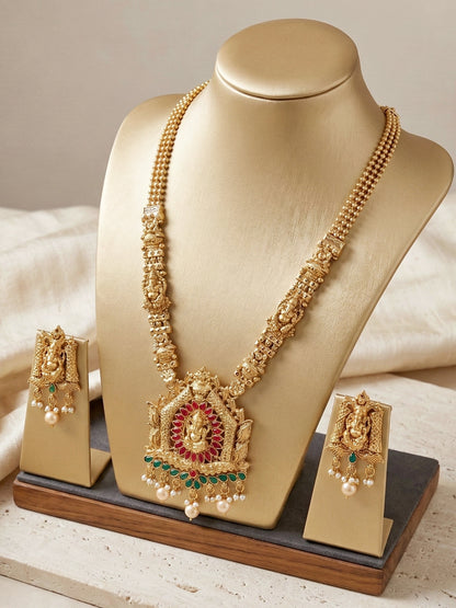 Lucky Jewellery Gold-Plated Ganesh Idol Temple Ruby & Green Color Necklace Set (660-G2SR-201-RG)