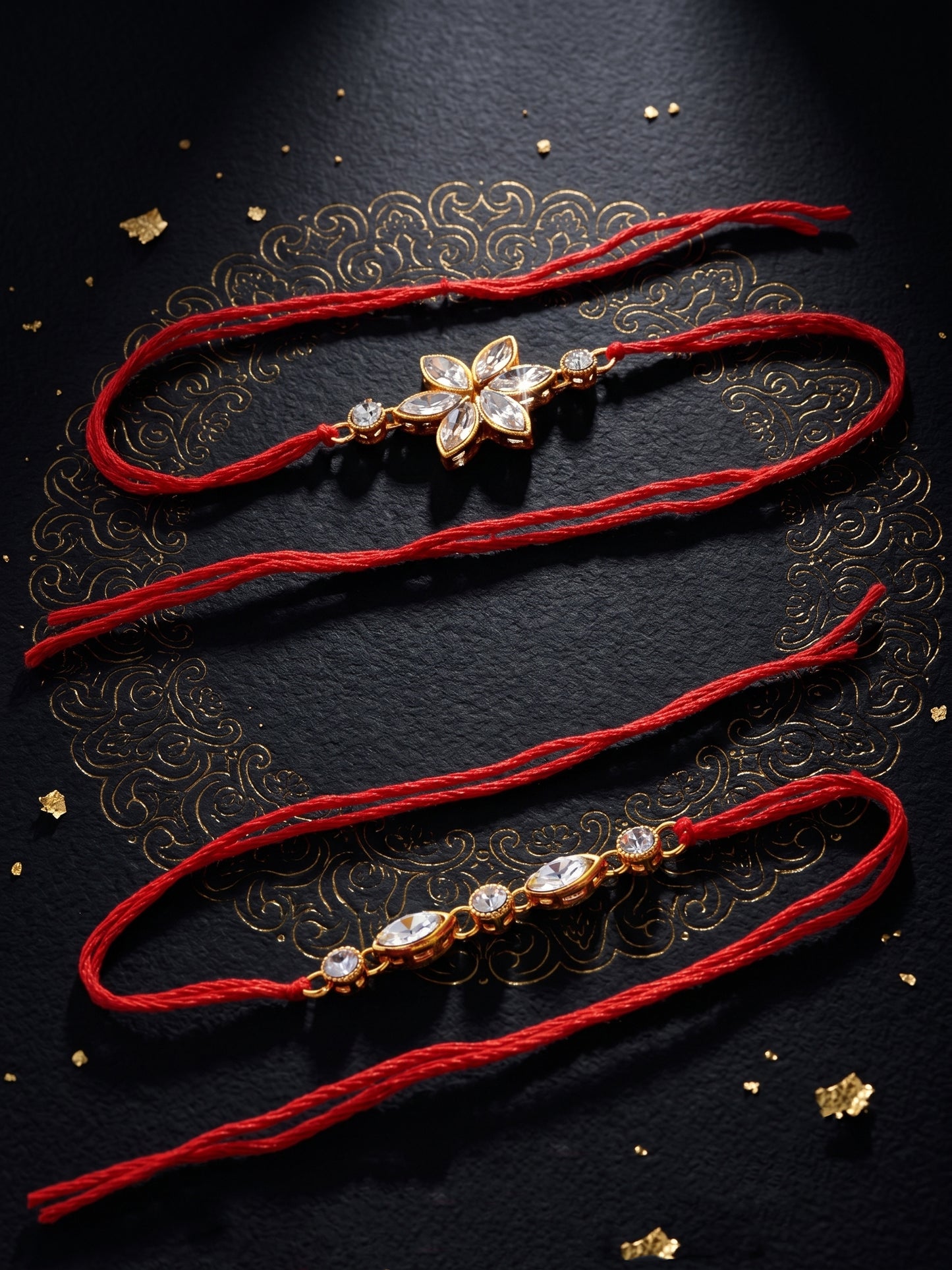 LUCKY JEWELLERY Traditional Rakhi for Brother/Bhaiya – Gold Plated Red Thread Rakshabandhan Rakhie White Stones for Bhai/Bhabhi (Pack of 4) – Fancy Rakhee Bracelet Rakshasutra (149-L1R1-11-W-4-2026)