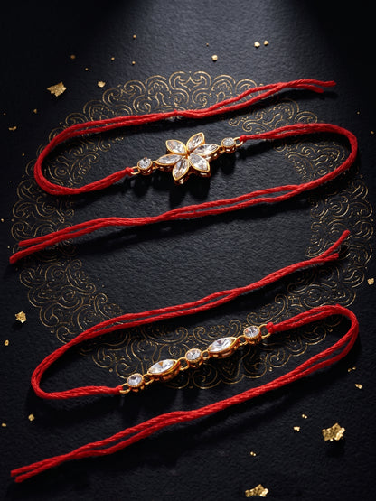 LUCKY JEWELLERY Traditional Rakhi for Brother/Bhaiya – Gold Plated Red Thread Rakshabandhan Rakhie White Stones for Bhai/Bhabhi (Pack of 4) – Fancy Rakhee Bracelet Rakshasutra (149-L1R1-11-W-4-2026)