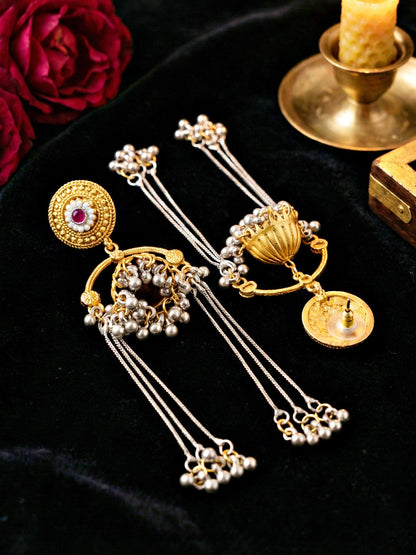 LUCKY JEWELLERY Antique Gold Finish Traditional Earrings with Long Chain Tassels Earrings For Girls & Women |Kashmiri Jhumka with Magenta Stone Earing Set |Birthday Gift Valentine Anniversary Gift