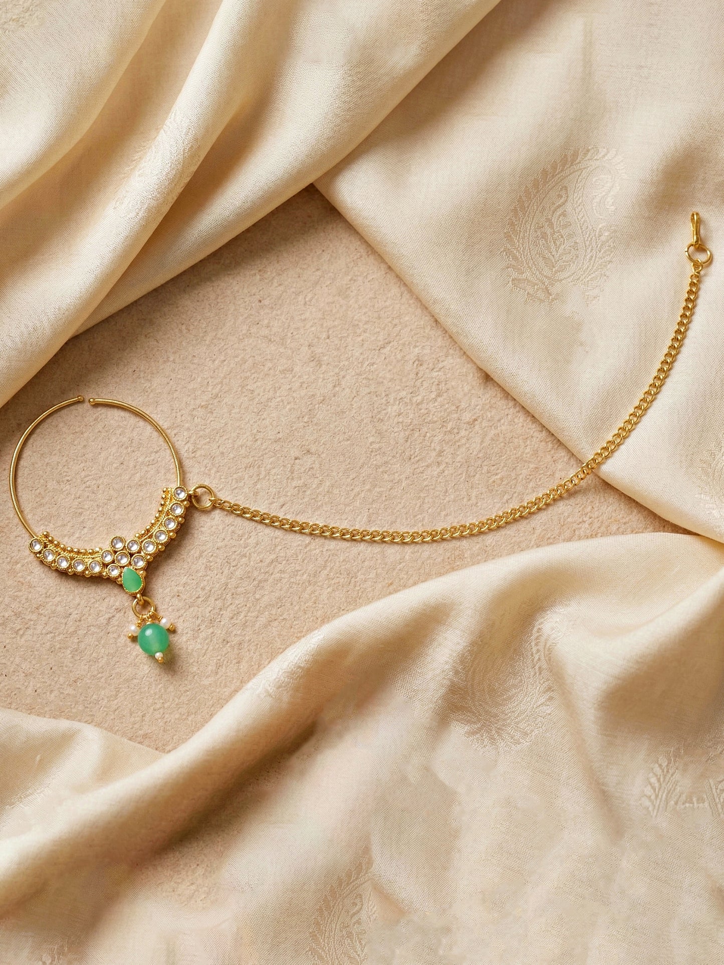 Bridal Kundan Mint Green Heavy Choker Jewellery Set with Hathphool & Nath (2640-IZK-551-MNT)
