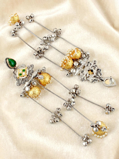 LUCKY JEWELLERY Oxidized Silver Kashmiri Earrings with Green Stone, Triple Gold Jhumka Chains, Designer Jhumkee Earrings for Girls & Women | Birthday & Anniversary Gift