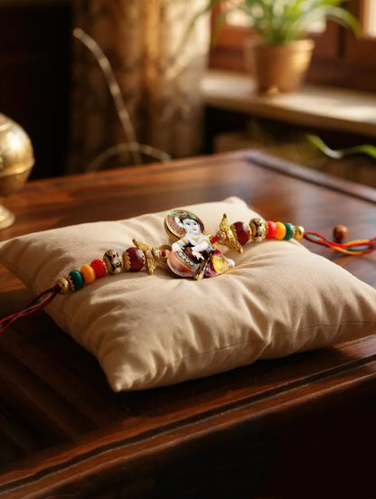 Gold Plated Little Krishna Kids Rakhi - Rakshabandhan Religious Rakhee for Bhaiya/Bhabhi - Pack of 1