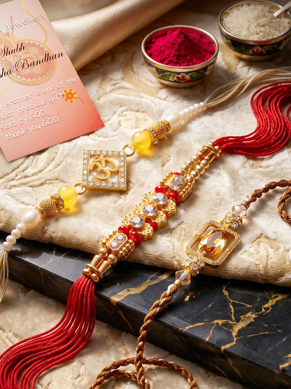 Lucky Jewellery Set of 3 Rakhi with Om & Crystal Pendants, Smooth White Beads, Roli Chawal & Card (160-S7R1-2321-3)