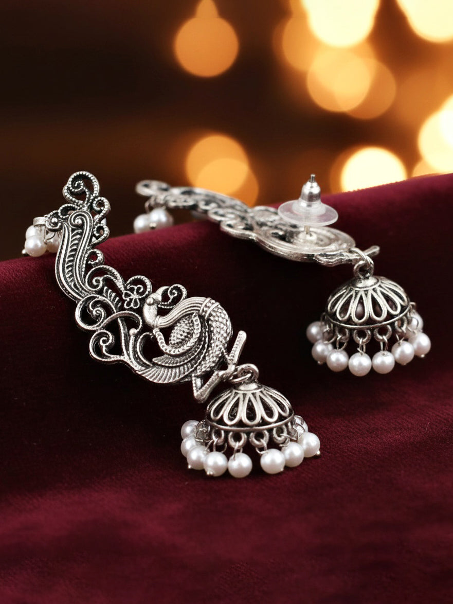 Oxidised Silver Peacock Design Ear Cuff Jhumka  White beads Earring For Girls & Women (159-KK2O-8158)