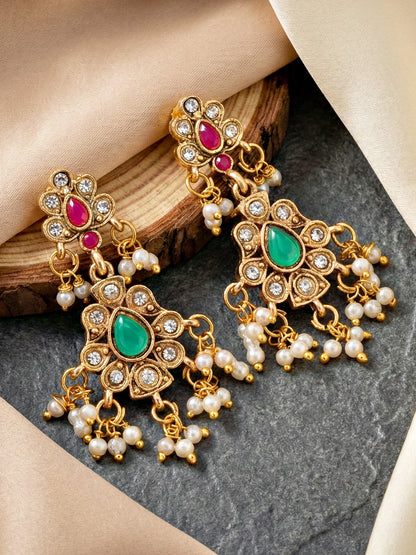 Exquisite Indian Ethnic Gold Plated 2-Piece Choker and Long Necklace Set with Pearl Tassels & Matching Earrings for Women - Premium Bridal, Wedding & Festive Wear (2063-ISR-2302-RG)