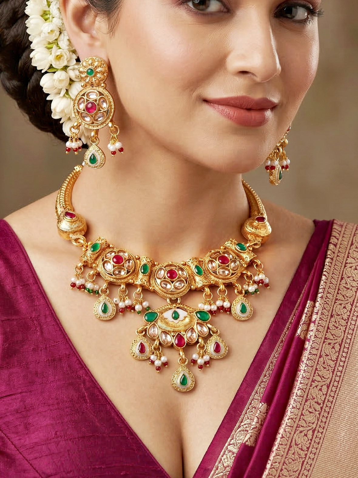 Lucky Jewellery Gold-Plated Ruby & Green Color Necklace Set (750-G2SR-268-RG)