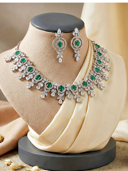 Silver-Tone Green Stone & American Diamond Necklace Set with Earrings for Women – Office, Party & Function Wear (1717-K4SA-2242-G-S)