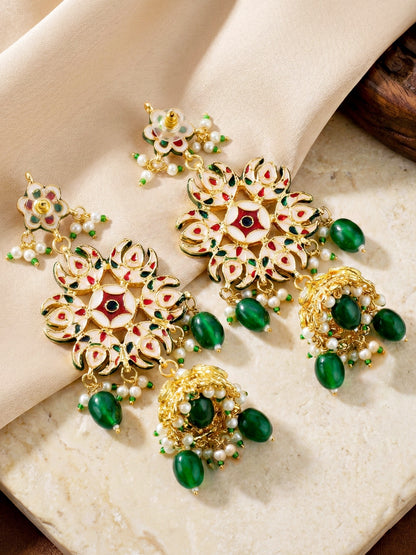 LUCKY JEWELLERY  18K Gold Plated Kundan Jhumka with Green Back Meenakari Earrings for Girls & Women |  Designer kundan Jhumkee Earring Set | Birthday Gift Earrings Valentine Anniversary