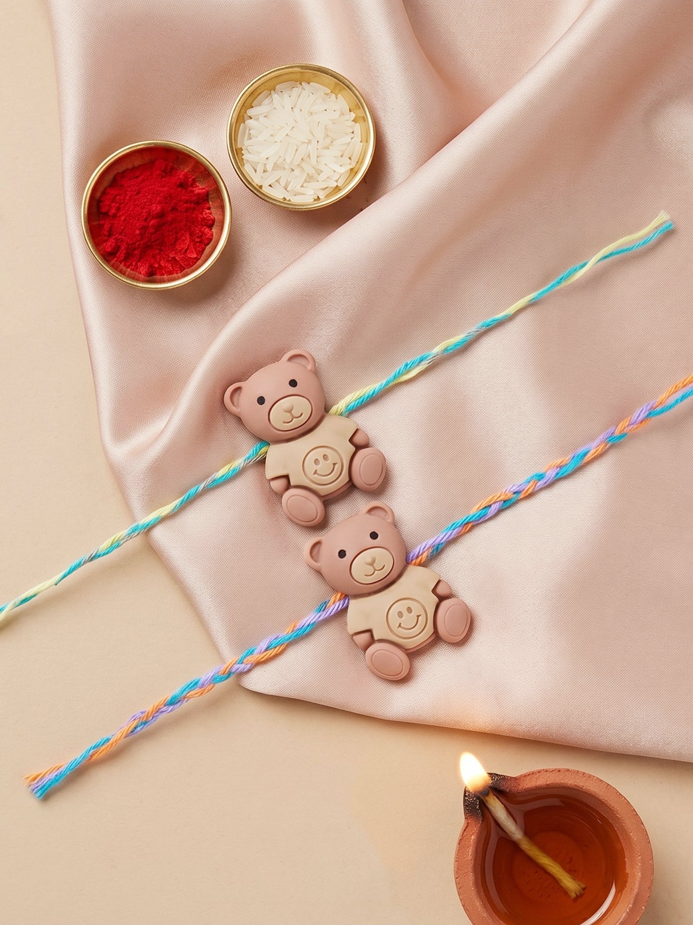 Set of 2 Cute Teddy Bear Kids Rakhi with Colorful Thread, Roli Chawal & Card (80-CHR1-1949-2-2026)
