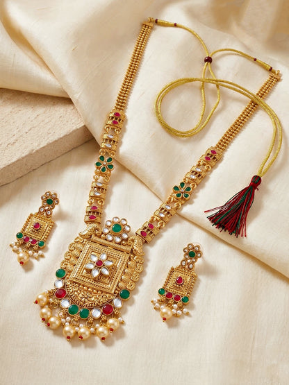 Lucky Jewellery Gold-Plated Ruby & Green Color Long Necklace Set (732-G2SR-192-RG)