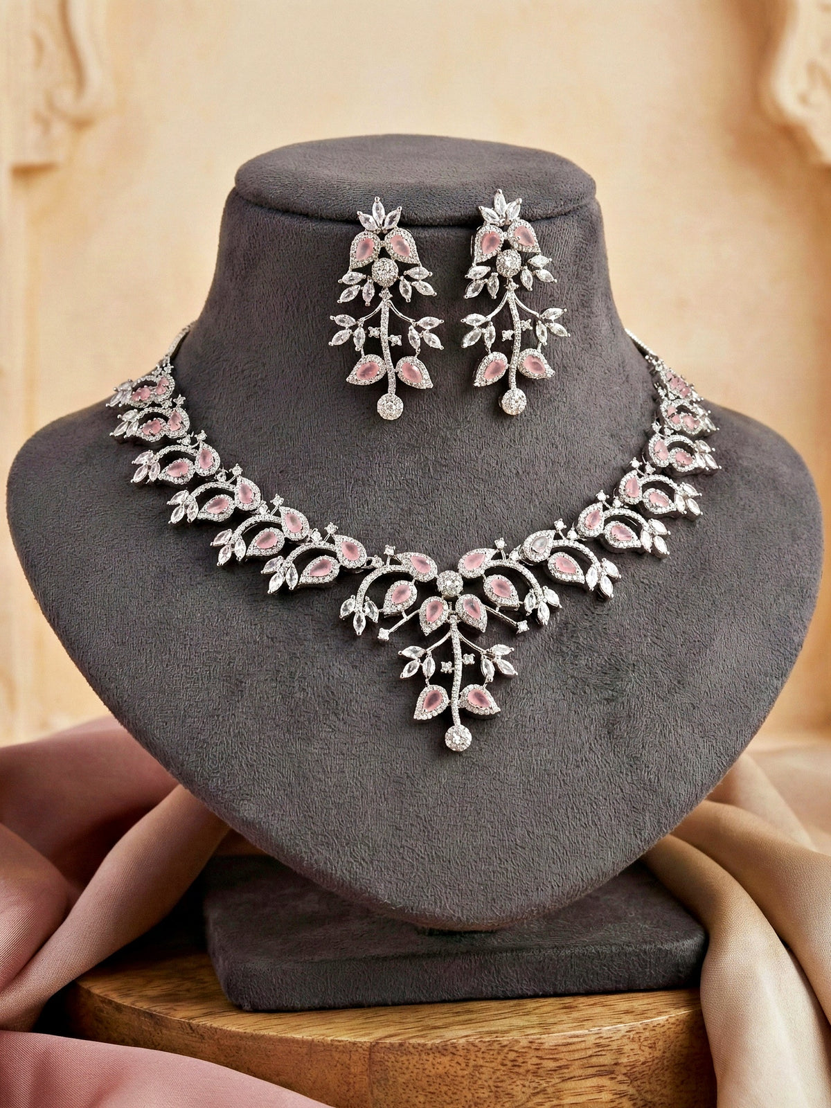 Silver-Tone Pink Stone & American Diamond Necklace Set with Earrings for Women – Office, Party & Function Wear (1948-K4SA-2241-PK-S)