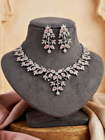 Silver-Tone Pink Stone & American Diamond Necklace Set with Earrings for Women – Office, Party & Function Wear (1948-K4SA-2241-PK-S)