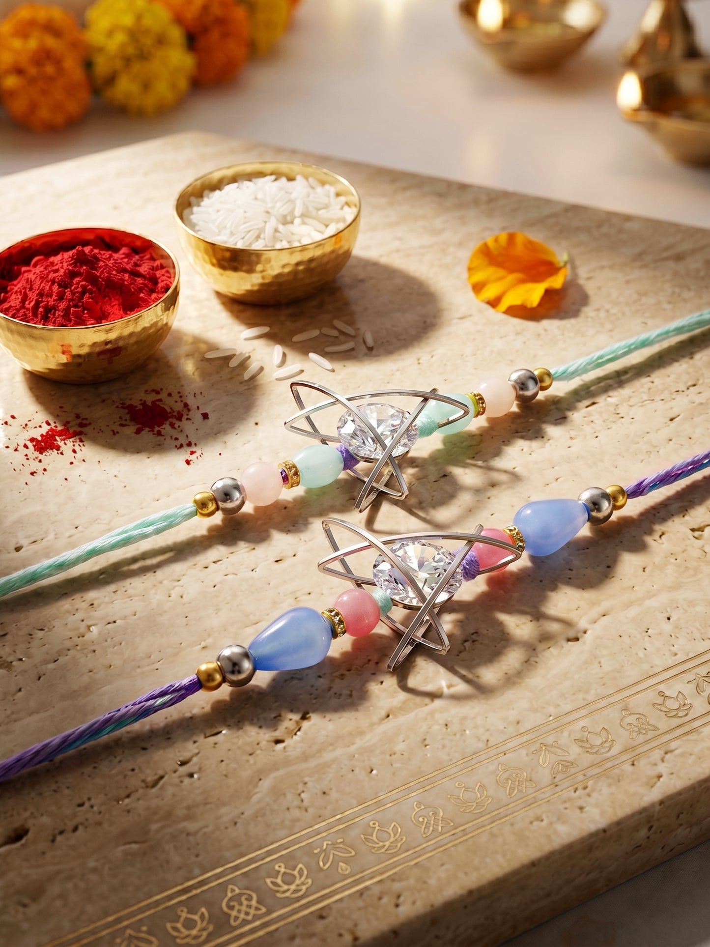 Set of 2 Rakhi with Silver Geometric AD Pendant, Pastel Beads, Roli Chawal & Card (225-CHR1-1004C-S-2-2026)