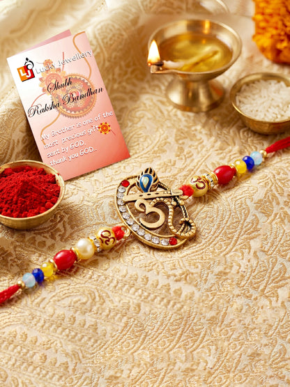 Spiritual Om Krishna Flute Peacock Beaded Rakhi Set For Brother | Roli Chawal & Cards (72-S5R1-AR2927)