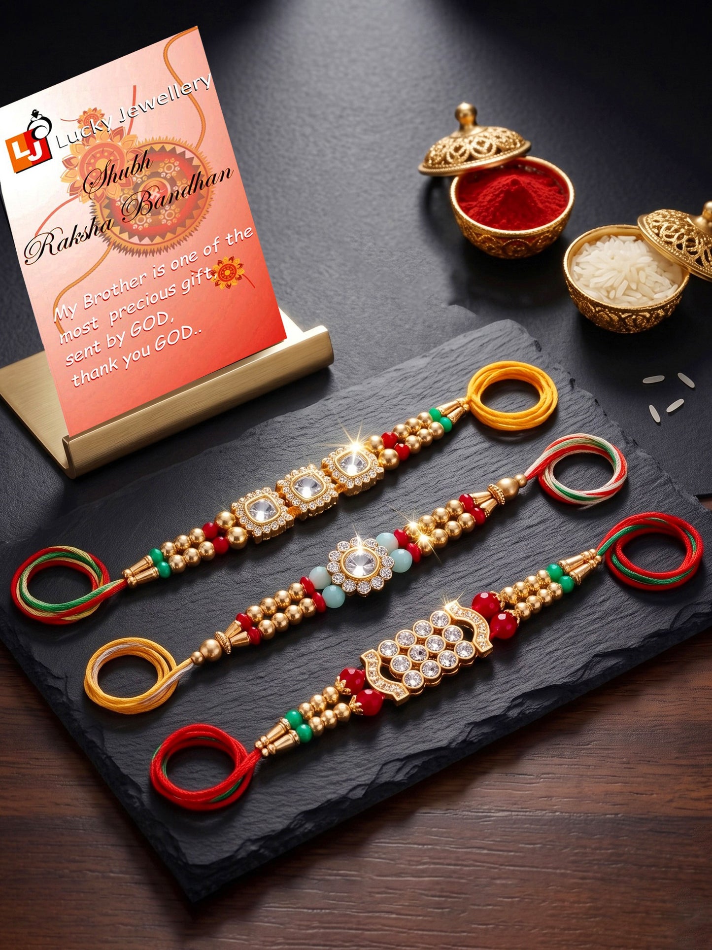 Lucky Jewellery Set of 3 Rakhi with Small Crystal Centerpieces, Gold-Tone & Colored Beads, Roli Chawal & Card (48-S7R1-2312-3)