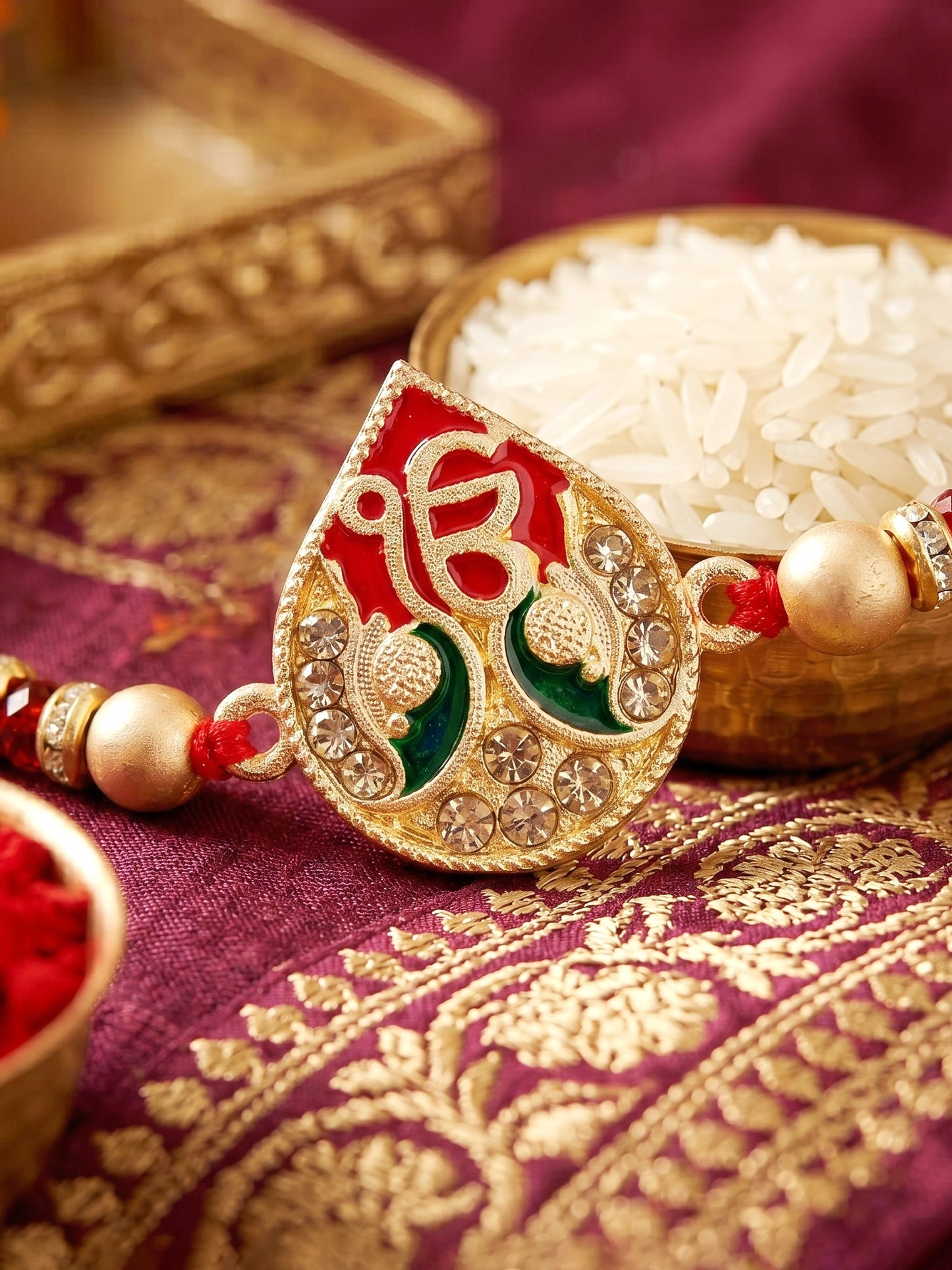 Ek Onkar Matte Gold Beaded Rakhi Set For Brother | Punjabi Sikh Rakhi With Roli Chawal, Card (102-S5R1-SA0177)