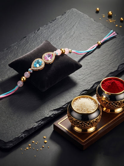 Rakhi for Brother with Blue & Pink drop AD Pendant, Smooth Pastel Beads,Roli Chawal & Card (176-CHR1-1279-PKF-1-2026)
