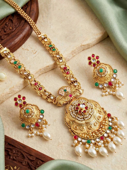Lucky Jewellery Gold-Plated Ruby & Green Color Long Necklace Set (816-G2SR-205-RG)