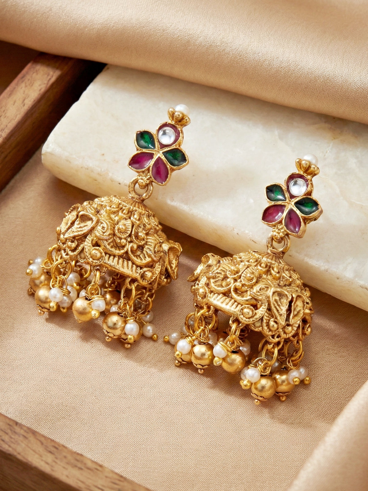 Gold Plated Temple Jewellery Necklace Set for Women with Goddess Lakshmi Pendant, Red Ruby & Green Stone Floral Design, Antique Traditional South Indian Bridal Jewellery, Pearl Drop Choker Necklace with Matching Jhumka Earrings (1634-ISR-2180-R)