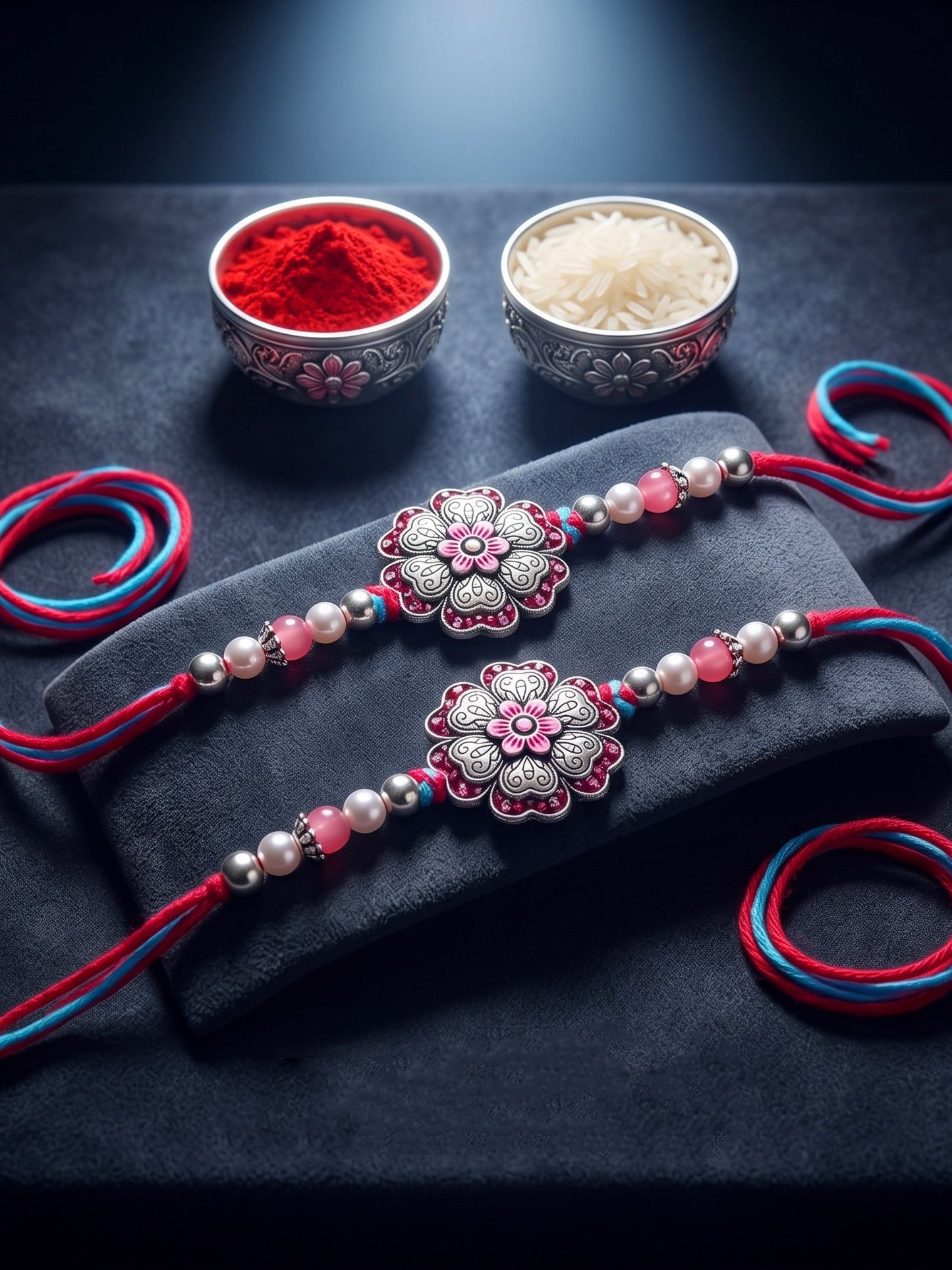 Set of 2 Magenta Floral Rakhi for Brother with pink Accents, Beads, Roli Chawal & Card (108-CHR1-1966-R-S-2-2026)