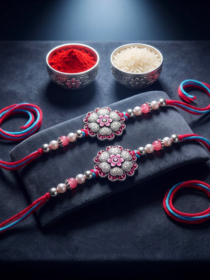Set of 2 Magenta Floral Rakhi for Brother with pink Accents, Beads, Roli Chawal & Card (108-CHR1-1966-R-S-2-2026)