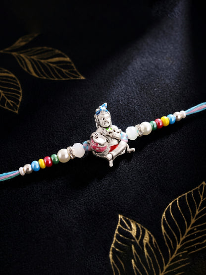 Silver-Tone Bal Gopal Makhan Chor Beaded Rakhi For Brother With Roli Chawal &  Card (102-S5R1-AR2727)