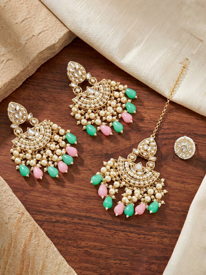 Gold Plated Kundan & Pearl Pink Mint Stone Bridal Choker Jewellery Set with Maang Tikka (1683-ISK-855-PKMNT)